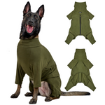 German Shepherd wearing olive green OneTigris dog pajama, form-fitting design for medium to large breeds