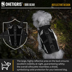 OneTigris FortiFur reflective dog harness highlighting the high-visibility shield-shaped reflective area on the back for night walks and small dog safety.
