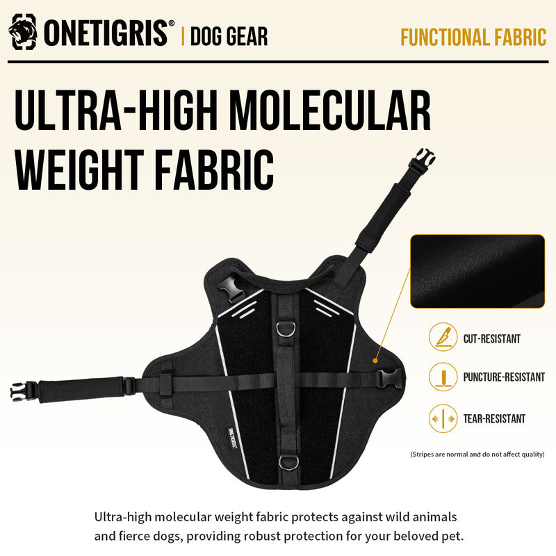 Infographic highlighting the ultra-high molecular weight fabric and protective features of the OneTigris FortiFur dog harness.