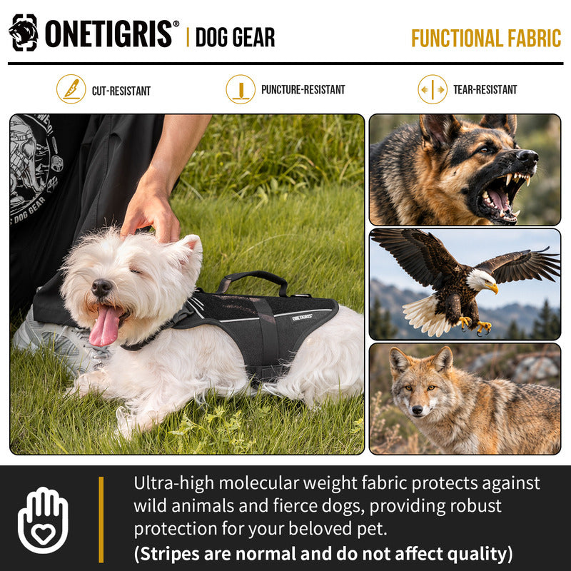 OneTigris FortiFur protective dog harness infographic showing ultra-high molecular weight fabric that is cut-resistant, puncture-resistant, and tear-resistant, protecting a small dog from coyotes, hawks, and aggressive dogs.