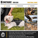 OneTigris FortiFur protective dog harness infographic showing ultra-high molecular weight fabric that is cut-resistant, puncture-resistant, and tear-resistant, protecting a small dog from coyotes, hawks, and aggressive dogs.
