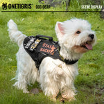 Front-facing view of a Westie wearing the OneTigris FortiFur harness, highlighting the padded neck guard and chest coverage.