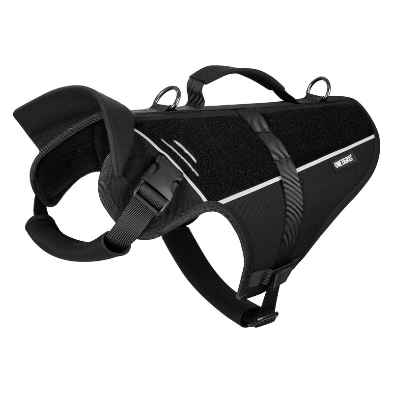 Front view of the OneTigris FortiFur reflective dog harness showing the neck opening and quick-release buckles for small dogs.