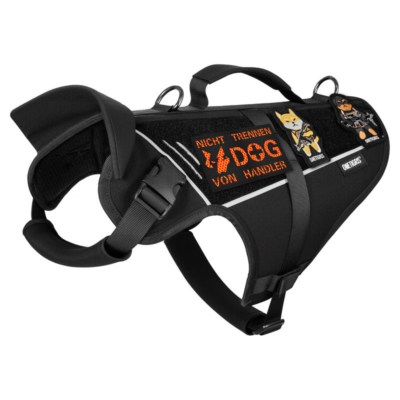 Side profile of the OneTigris FortiFur harness displaying the protective functional fabric and adjustable straps.
