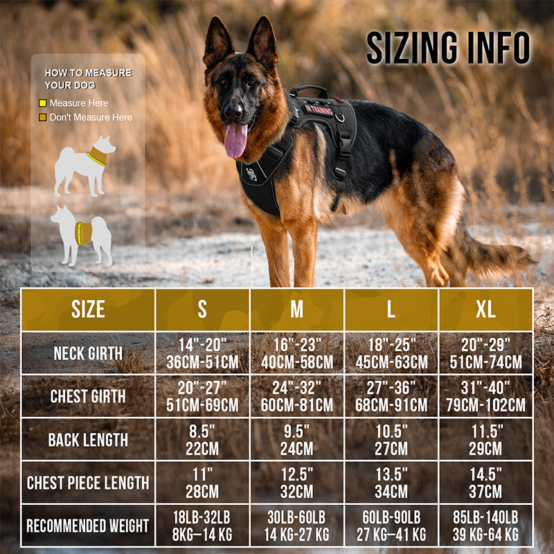 OneTigris TACTICLITE Tactical Dog Harness size chart, fit guide for large breeds