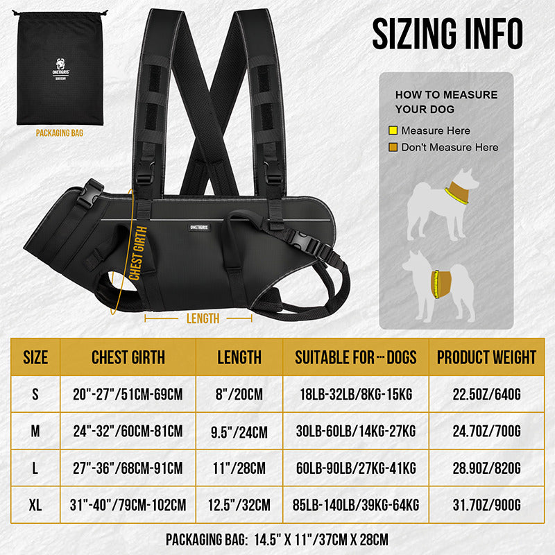 OneTigris SUPPORT RIDGE dog carry harness size chart, size fit guide for medium dog breeds