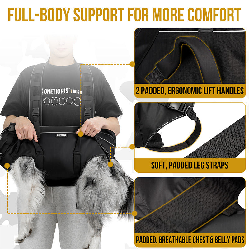 Full-body padded support design of OneTigris SUPPORT RIDGE dog carry harness