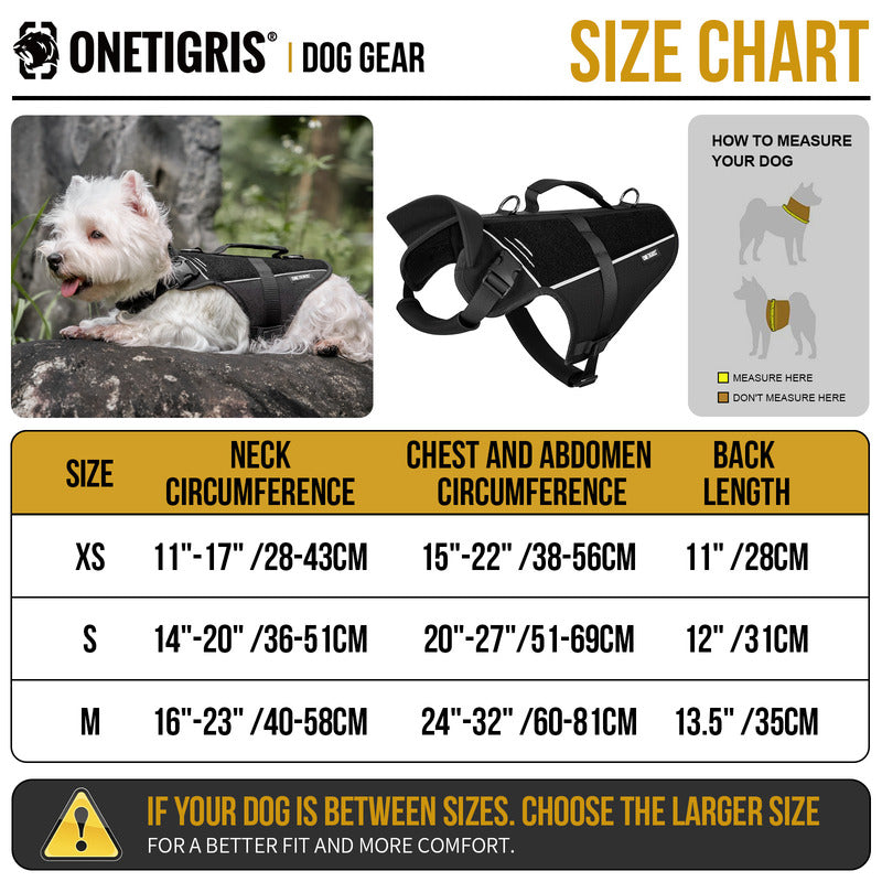 OneTigris FortiFur dog harness size chart for XS, S, and M, showing neck and chest girth measurements for small breeds.