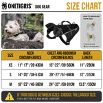 OneTigris FortiFur dog harness size chart for XS, S, and M, showing neck and chest girth measurements for small breeds.