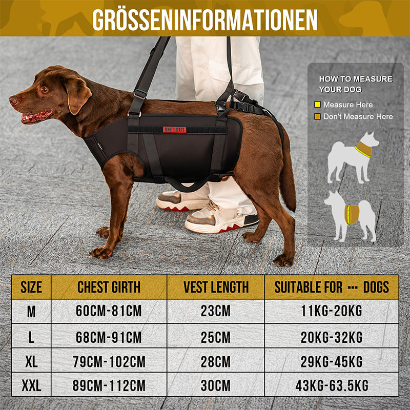 Size chart of OneTigris adjustable dog carry harness for different medium & large dog breeds