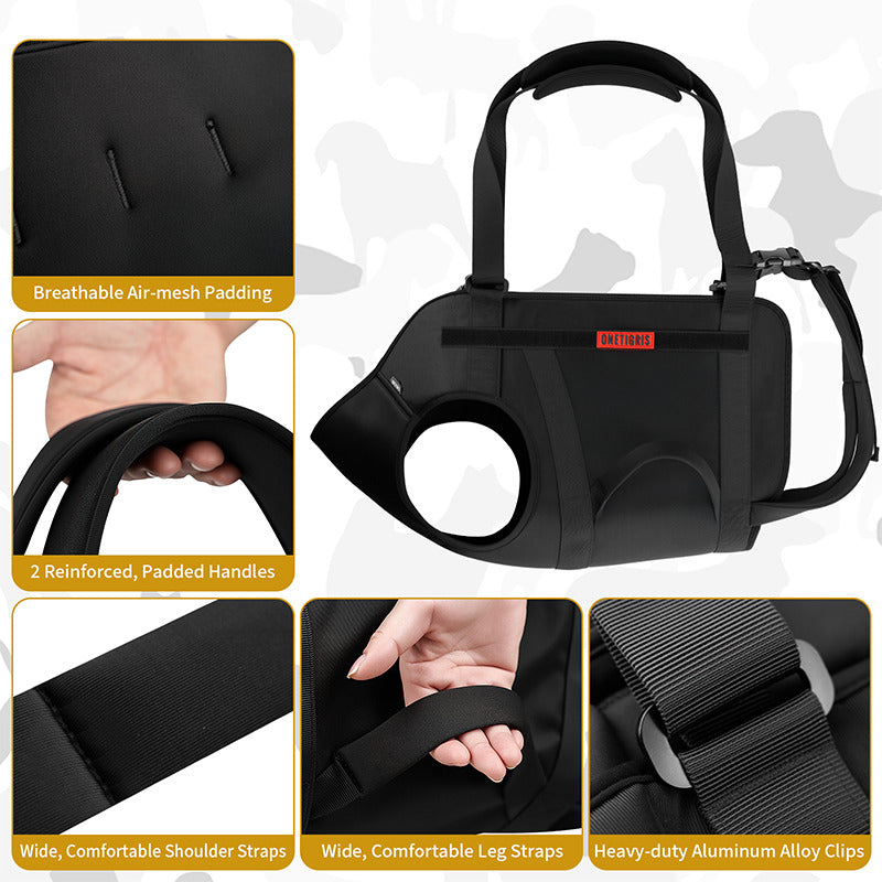 Dual padded grab handle design of full body dog lift support harness for easy lifting