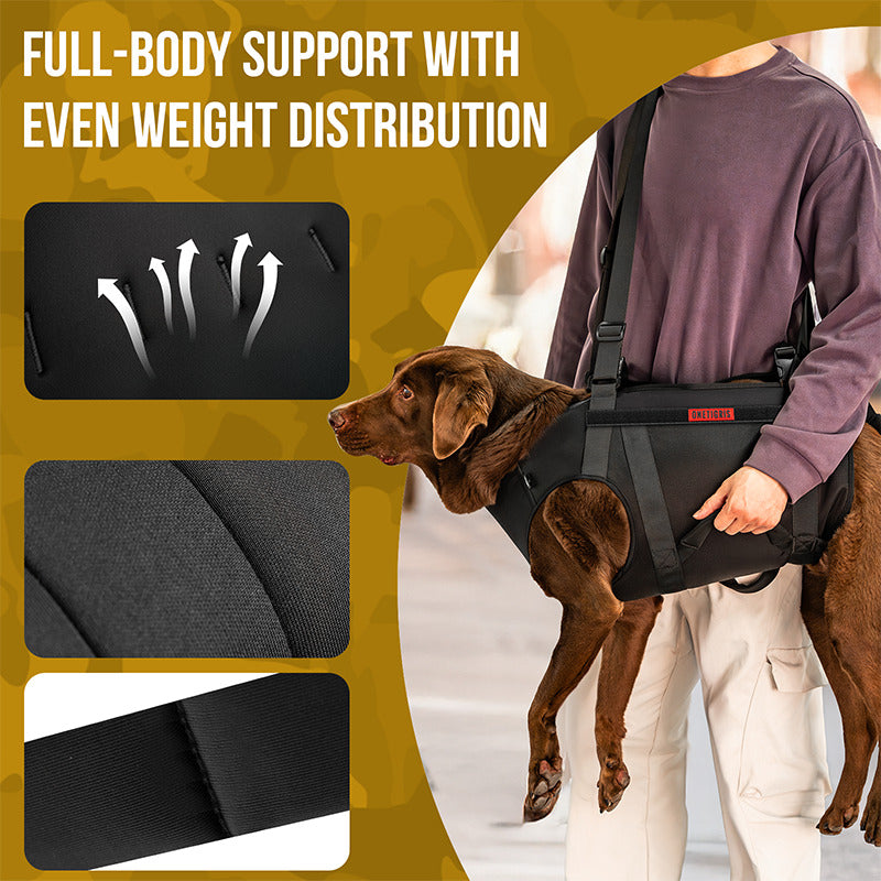 Adjustable shoulder strap reduces user fatigue when lifting disabled dogs with dog carry harness