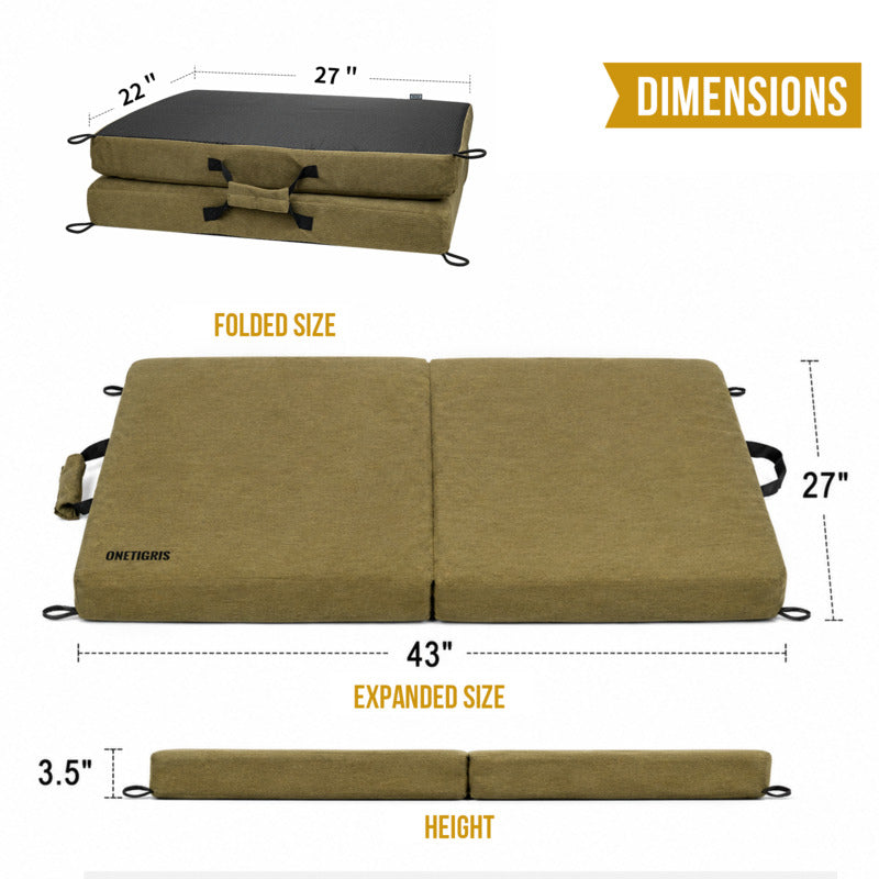 Size diagram of foldable tactical dog bed mat, two-section split design memory foam dog crate pad with carry handles