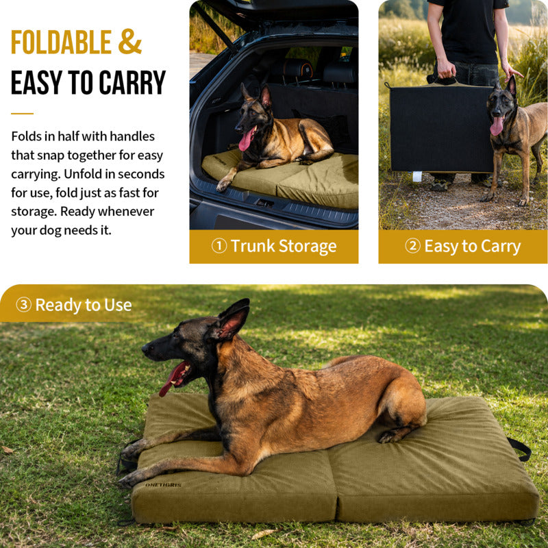 Portable foldable memory foam dog bed for car travel camping, easy carry tactical dog mat for outdoor adventures