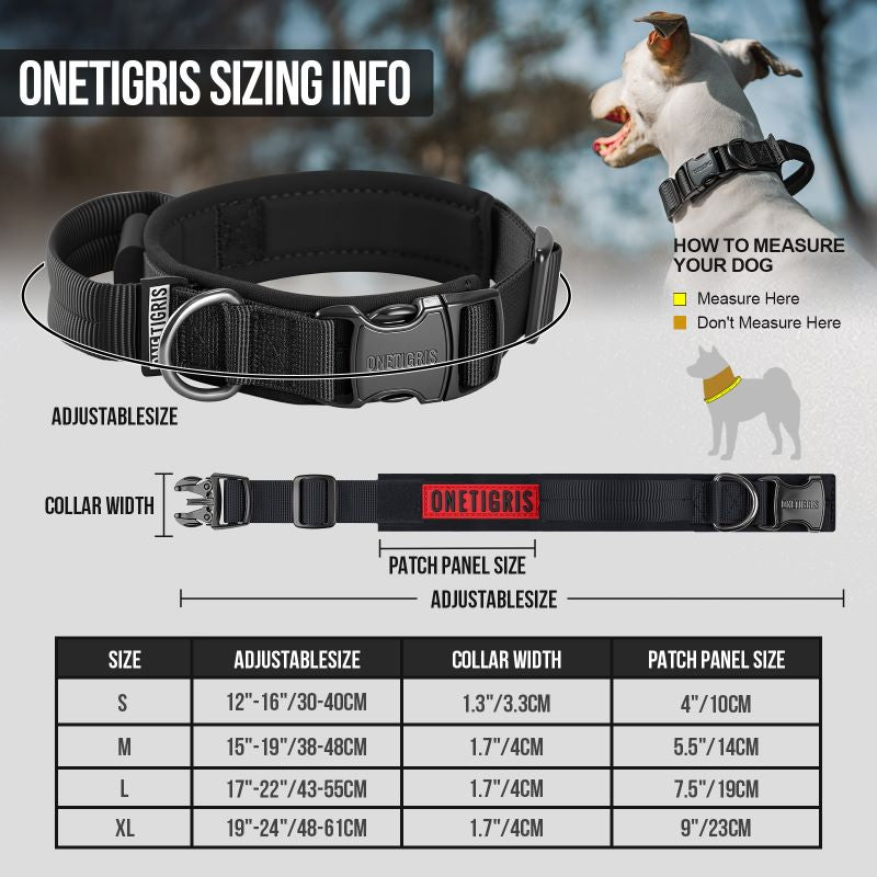 OneTigris tactical dog collar size chart, fit guide for medium and large breeds