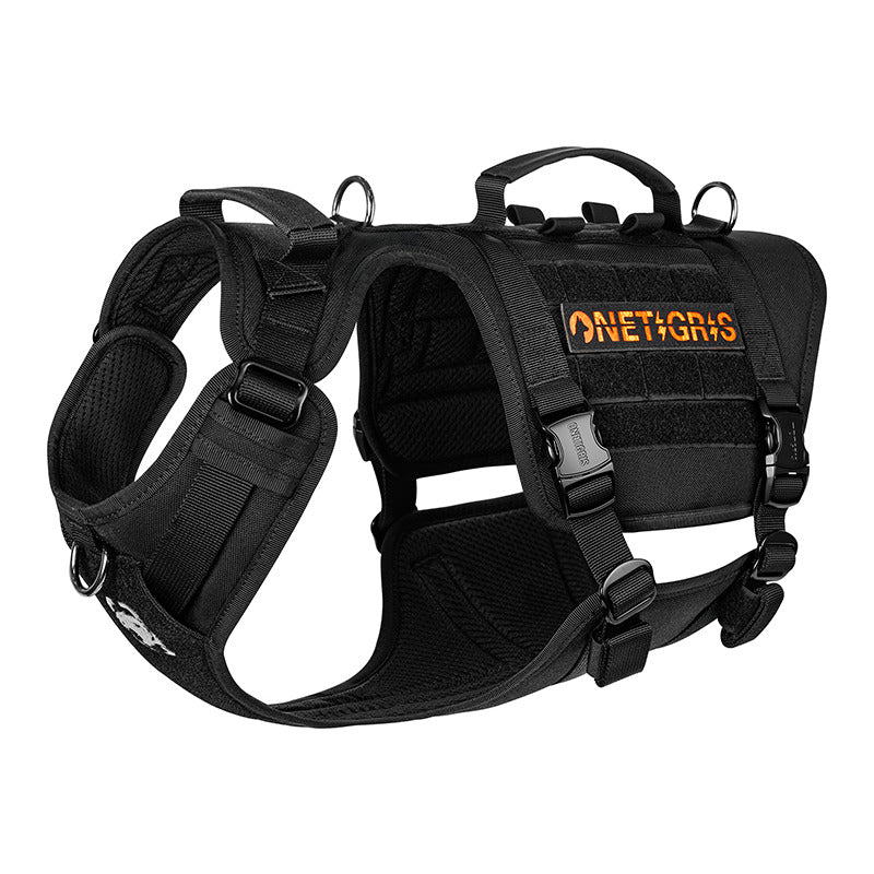 Black OneTigris TITAN-FLOW metal buckle dog harness with dual handles and MOLLE panels