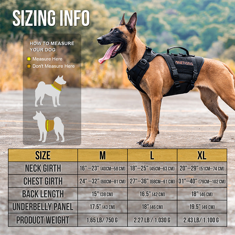 OneTigris TITAN-FLOW dog harness size chart for M, L and XL dogs