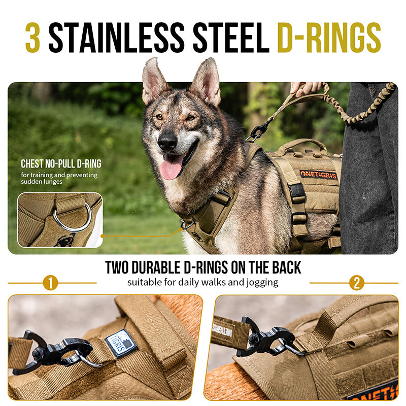 Tactical dog harness with front no-pull clip and two back D-rings