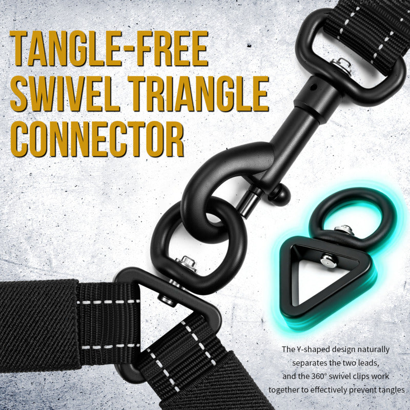 Tangle-free swivel triangle connector on heavy duty dual head two dog leash