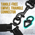 Tangle-free swivel triangle connector on heavy duty dual head two dog leash