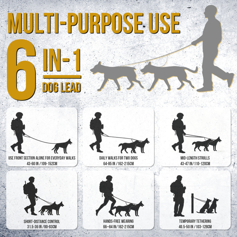 6-in-1 multi-purpose usage guide of no tangle dual dog walking leash for single & two pets