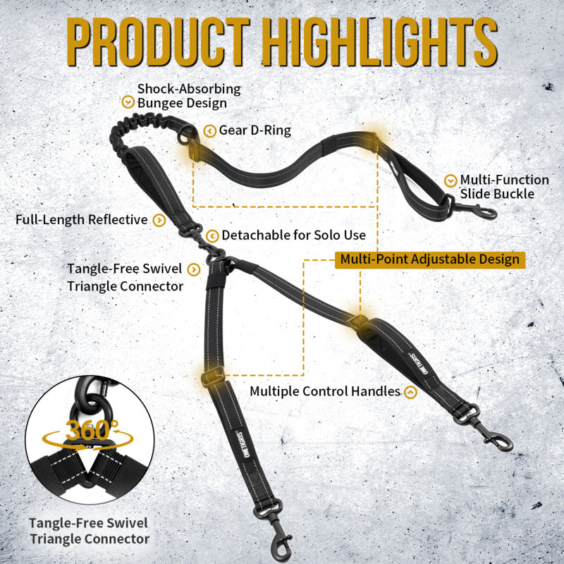 Product highlights breakdown of OneTigris shock absorbing no tangle dual dog leash