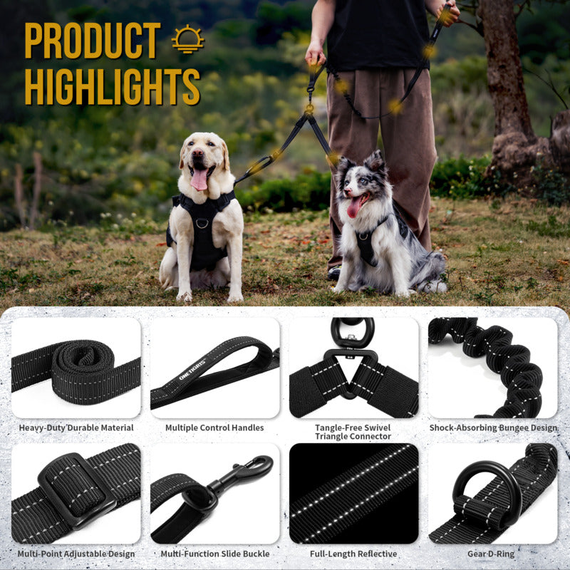 Full accessories close-up of heavy duty 6 in 1 dual head no tangle dog leash
