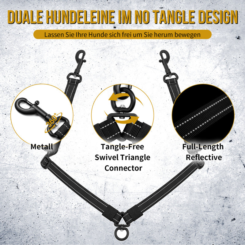 Dual handle anti-tangle split structure of swivel two dog bungee leash