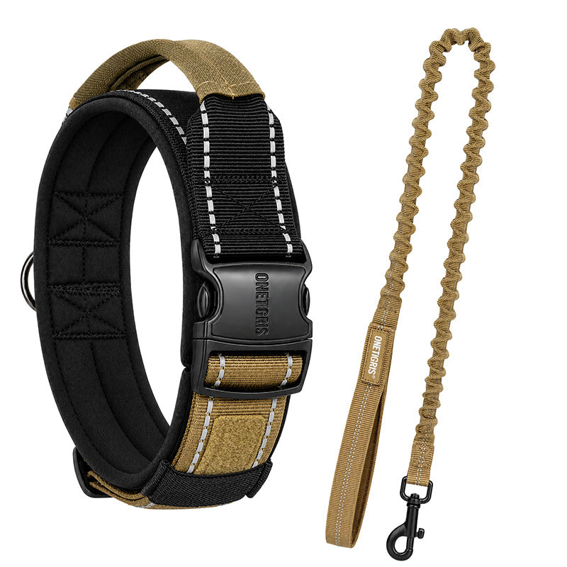 OneTigris RUGGEDROVER  coyote brown reflective dog collar and bungee leash set