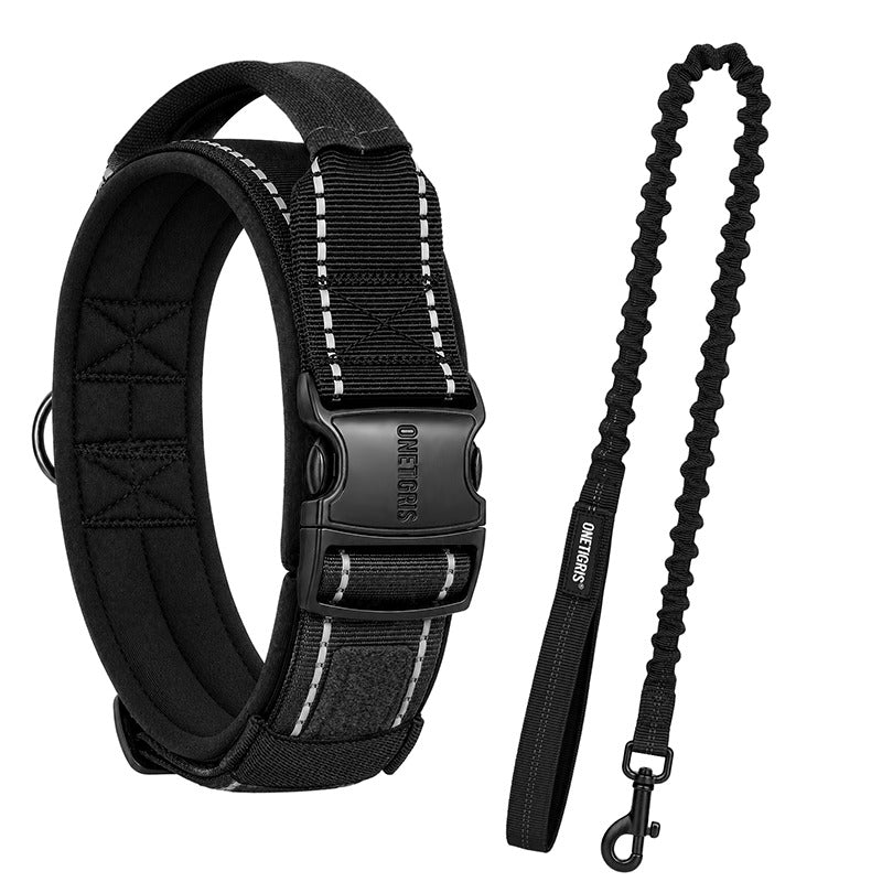 OneTigris RUGGEDROVER  black reflective dog collar and bungee leash set