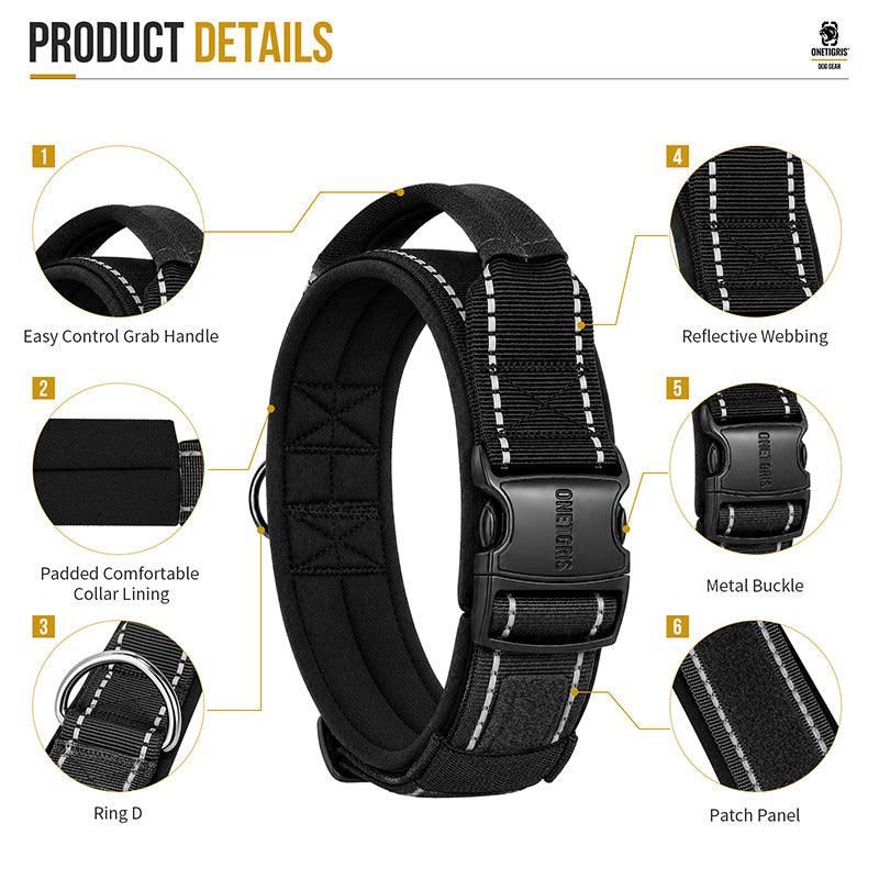 Black tactical dog collar with padded lining metal buckle and control handle