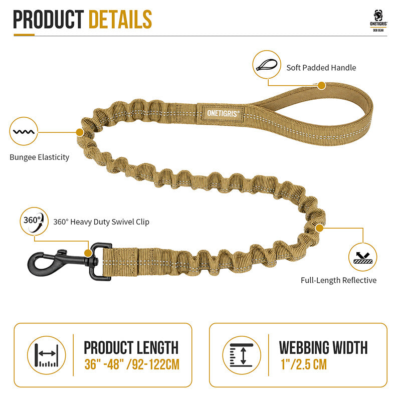 Reflective bungee dog leash with padded handle and 360-degree swivel clip