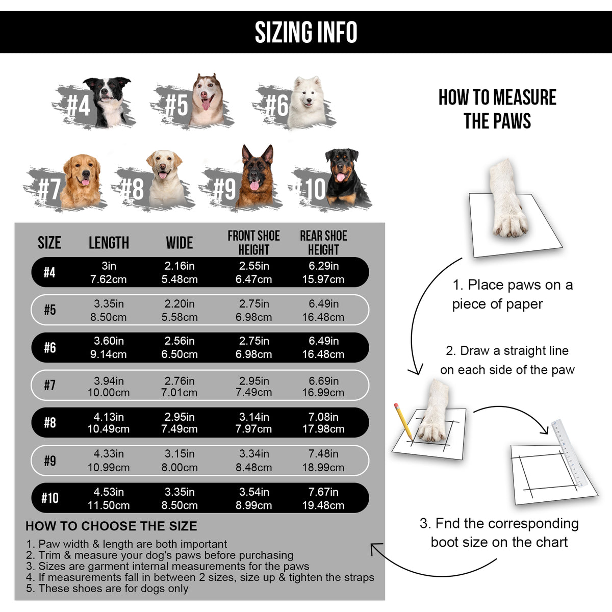 The sizechart of PATHFINDER waterproof dog shoes – durable anti-slip dog boots for outdoor adventures