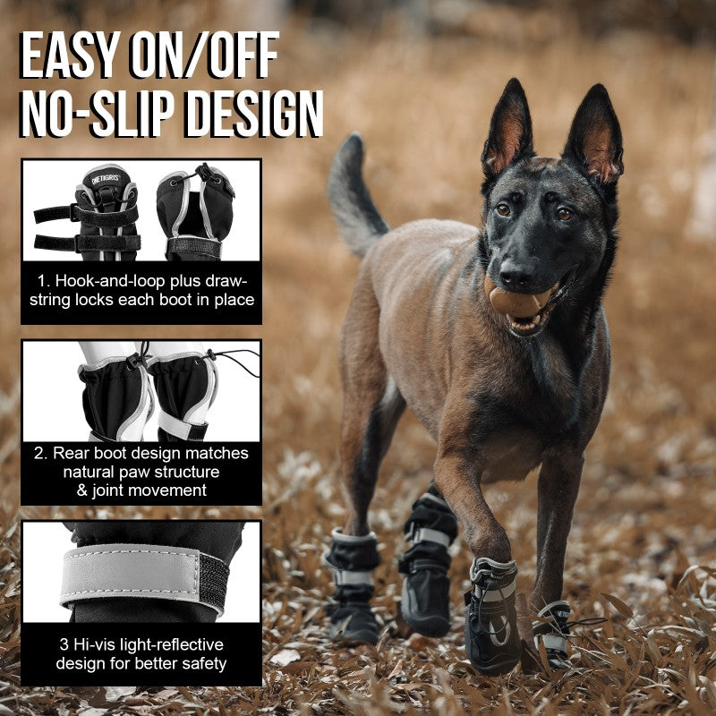 Easy on/off dog boots with secure anti-slip sole and adjustable strap design for a snug fit
