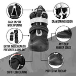 PATHFINDER dog boots feature collage showing thick rear support to prevent slipping off, soft fleece lining, drawstring closure, anti-slip rubber soles, and protective toe cap