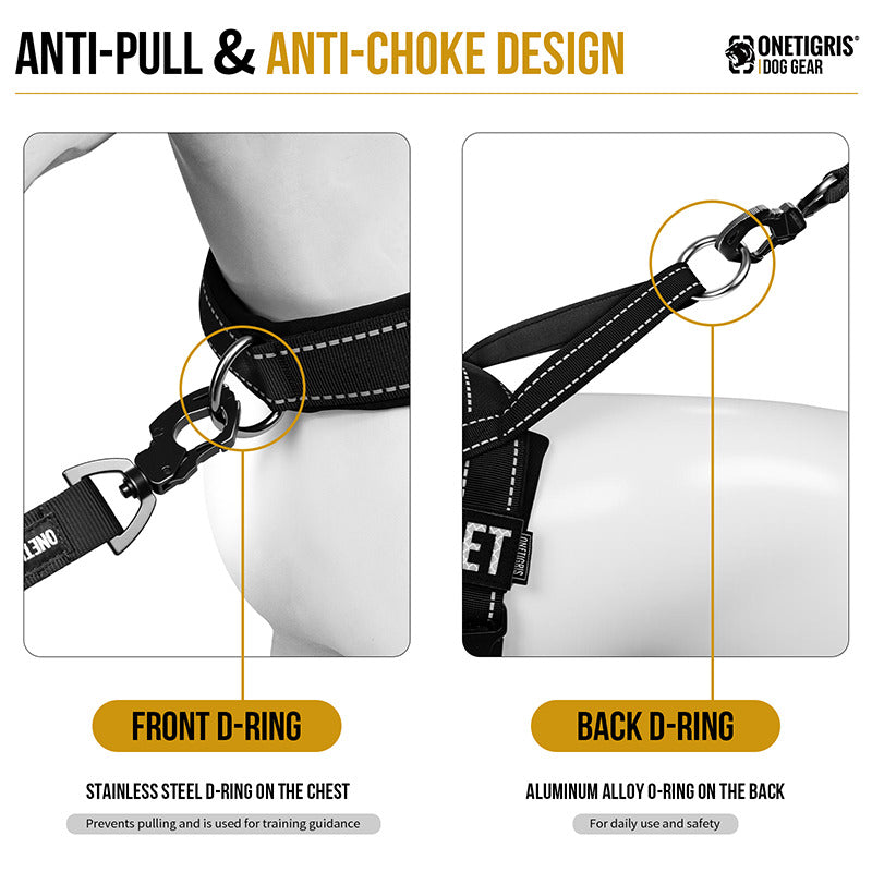 Front no-pull and back leash attachment rings on the HALO dog harness