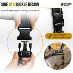 Quick-release UTX-DURAFLEX buckle on the black HALO dog harness